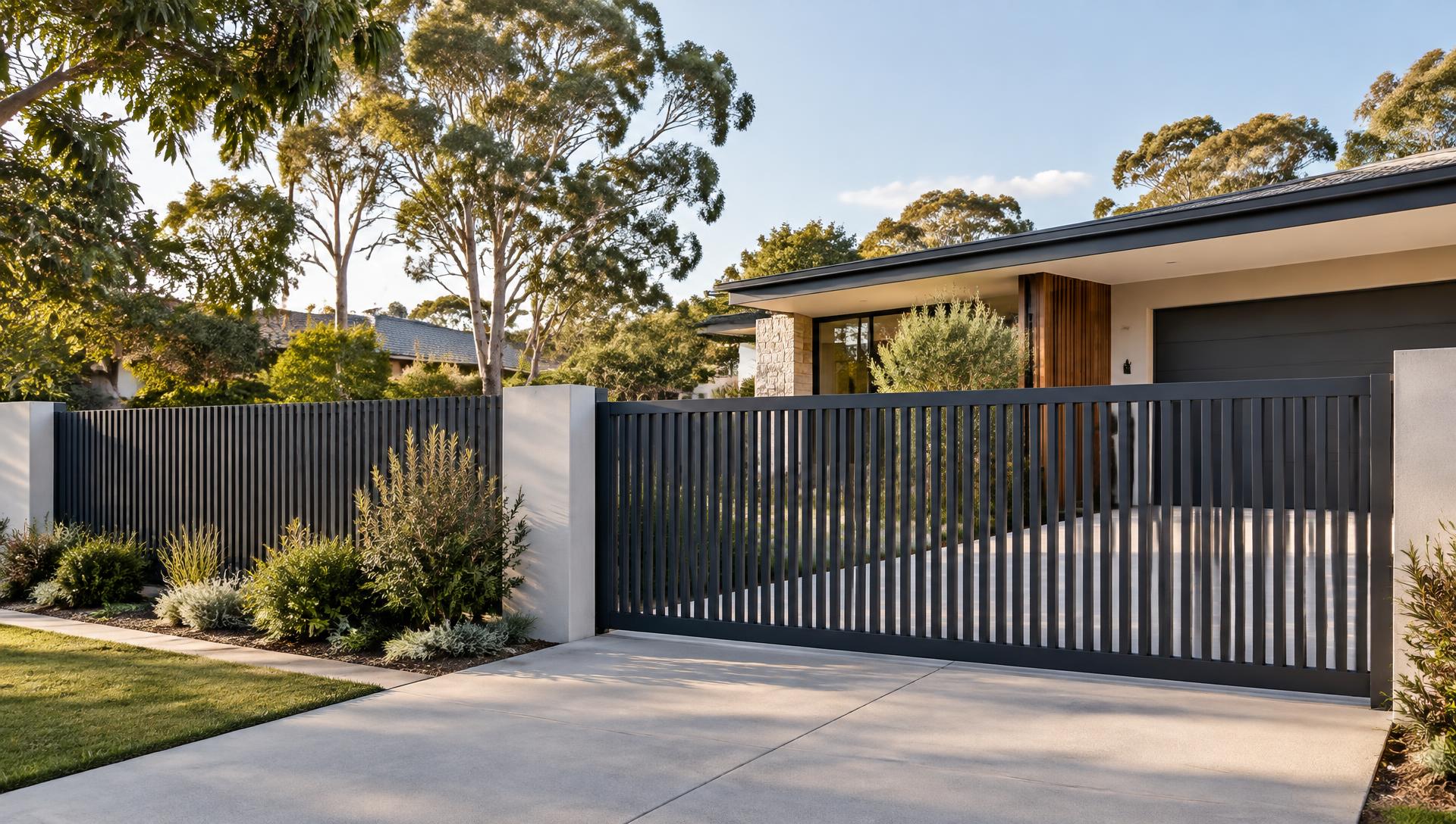 Charcoal aluminium fence and sliding driveway gate at a contemporary home
